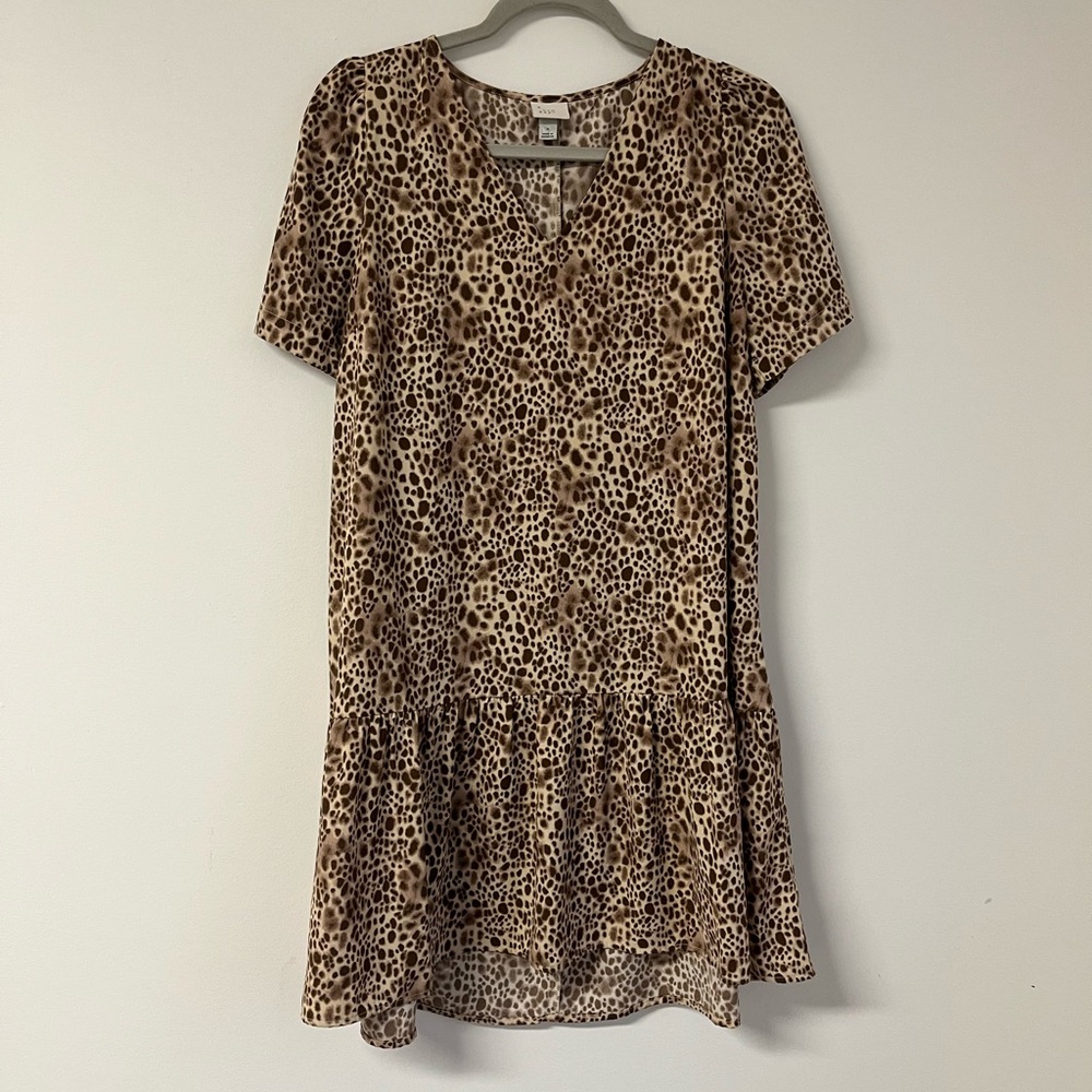 Leopard Print V-Neck Drop Waist Mini Dress Animal Print 20" P2P (Fits S-L)